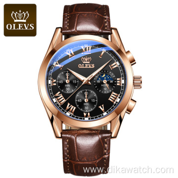 OLEVS Watch 2871 Multifunctional Sports Fashion Genuine Leather Wristwatch Chronograph Waterproof Luminous Men's Watch